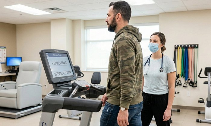 Виды реабилитации военных: мужчина на дорожке